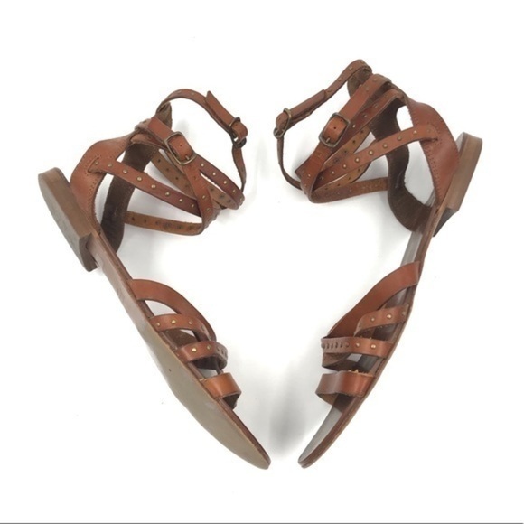 J. CREW Cognac Double Ankle Buckle Strappy Gladiator Sandals Size 9 - Picture 2 of 9